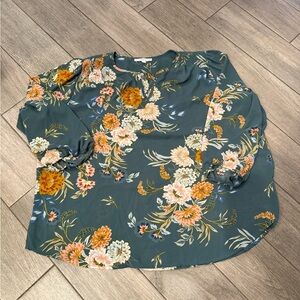 Teal Floral Long Sleeve Blouse with notch neck line